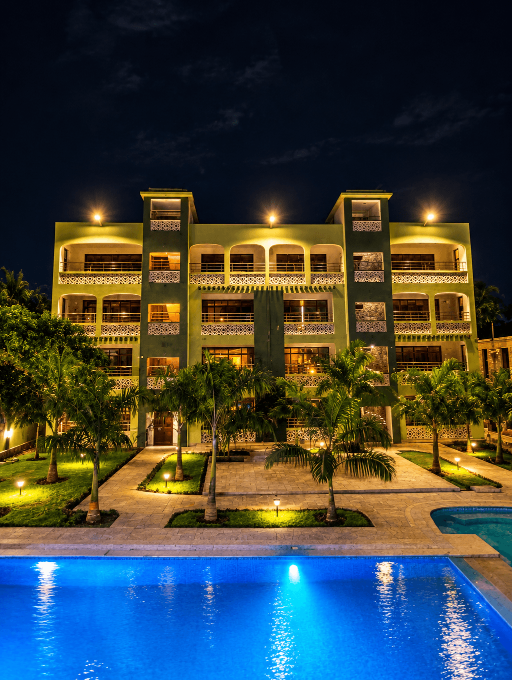HappyLand Hotel Diani illuminated at night beside its swimming pool